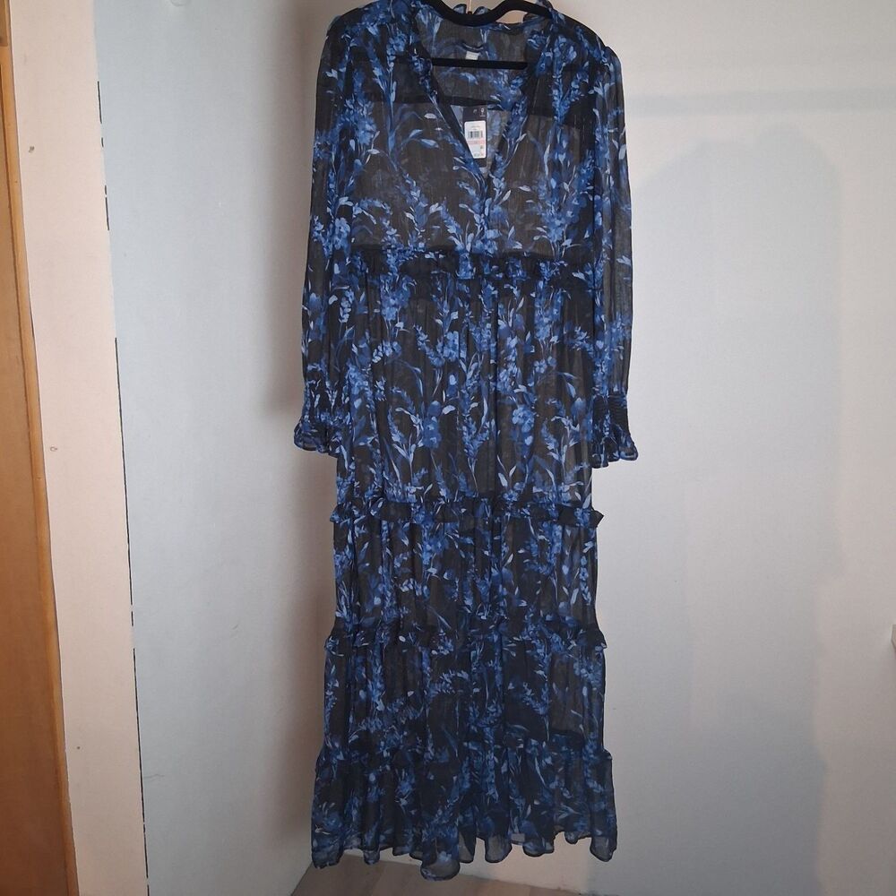 NWT Tommy Hilfiger Size 10 Blue Floral Shimmer Tiered Chiffon Maxi Dress $159